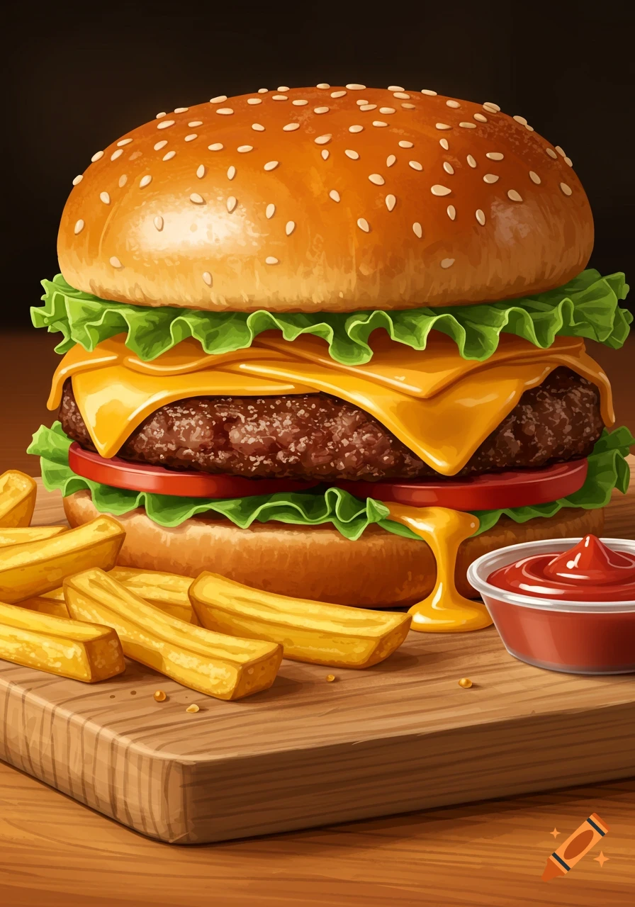 Stylized illustration of a large cheeseburger with fries and ketchup on a wooden board.