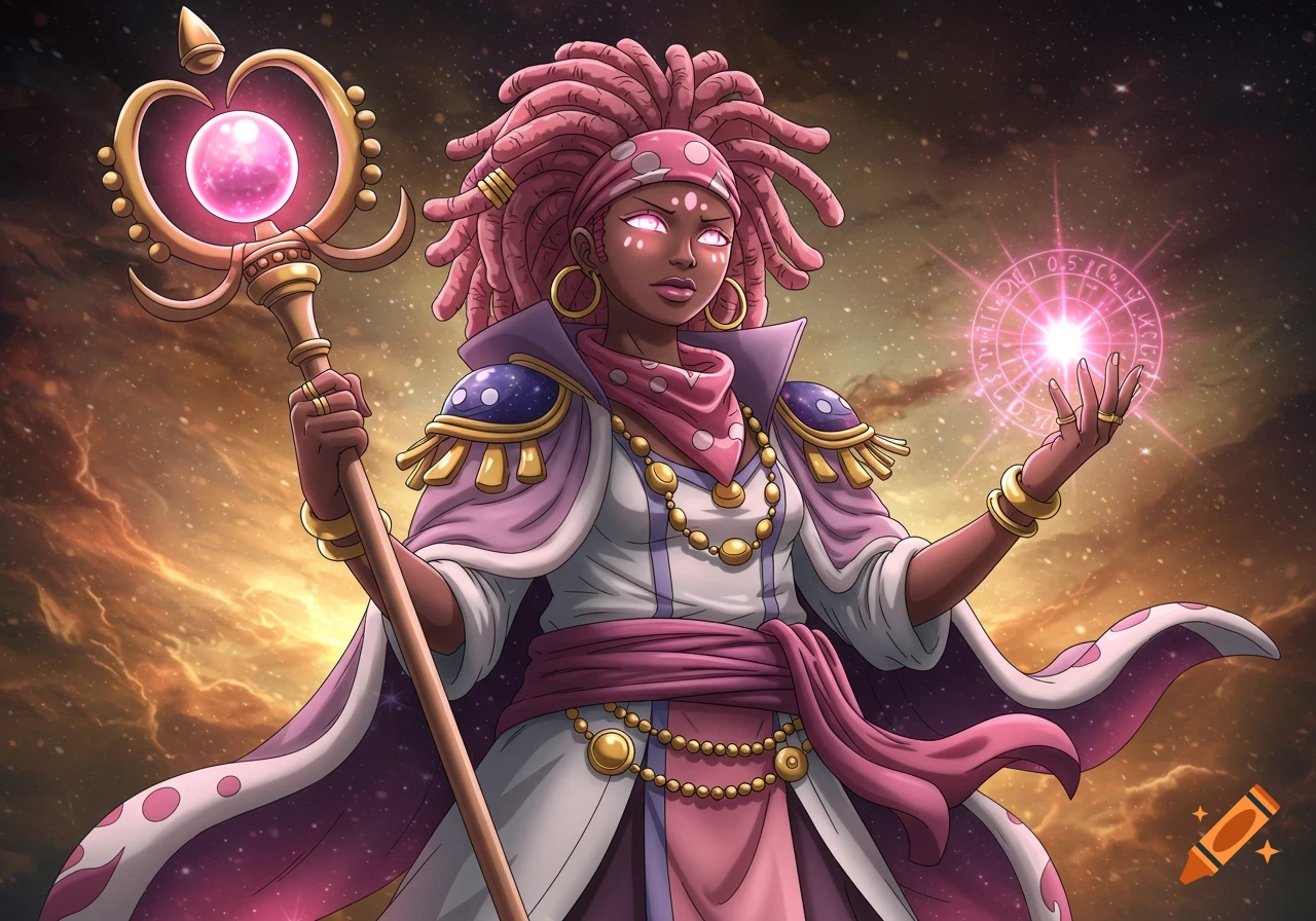 A dark-skinned woman with pink dreadlocks, wearing pink and gold celestial robes and holding a staff, conjures pink magic against a starry sky.