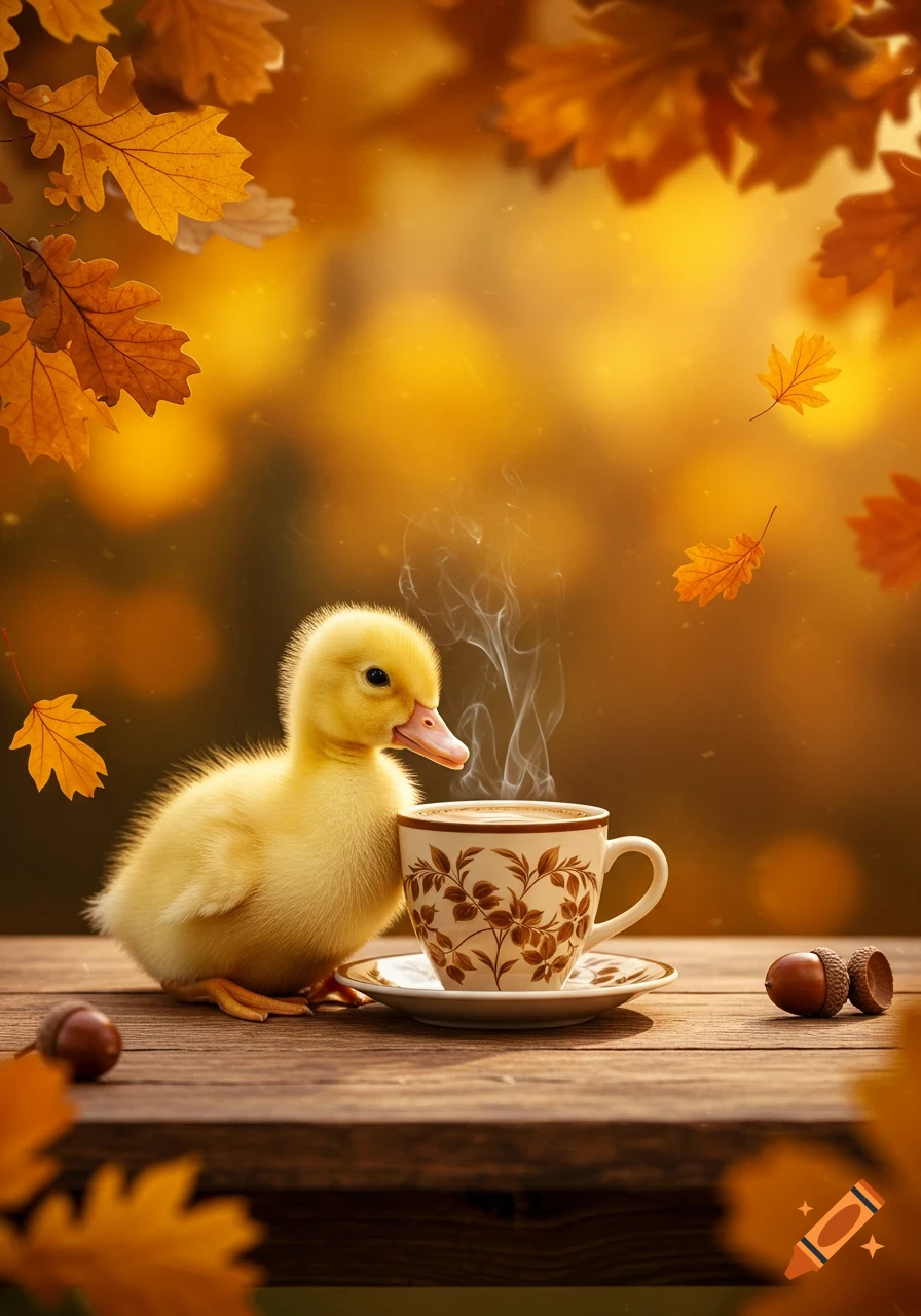 A cute yellow duckling sits on a wooden table next to a steaming cup of coffee, surrounded by fall leaves in a photorealistic style.