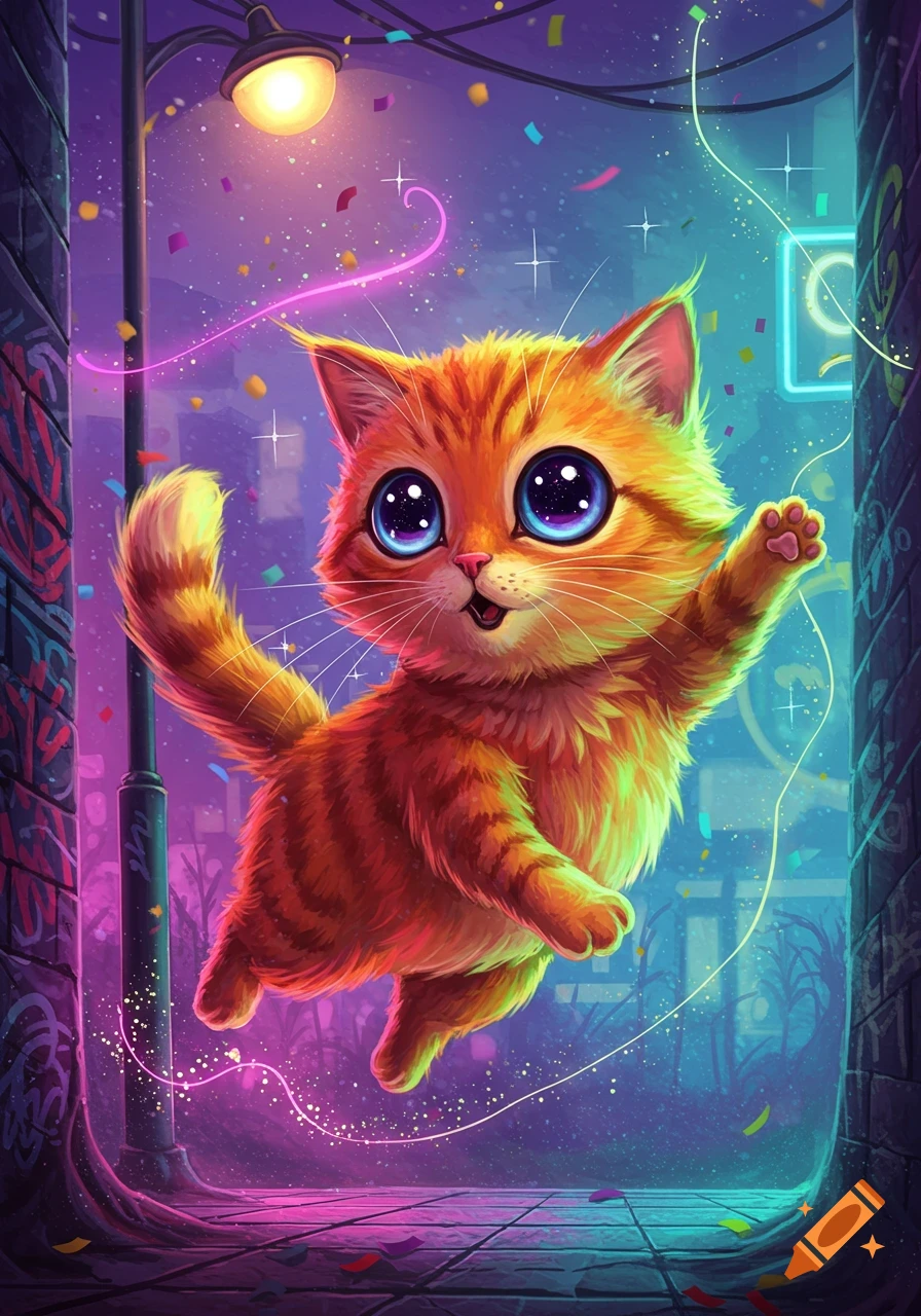 A vibrant, cartoonish orange tabby cat with large blue eyes leaps in a purple and blue neon-lit city alley with confetti.