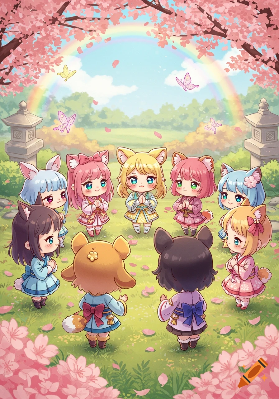 Kawaii chibi anime girls with animal ears and tails praying in a cherry blossom garden with a rainbow overhead.