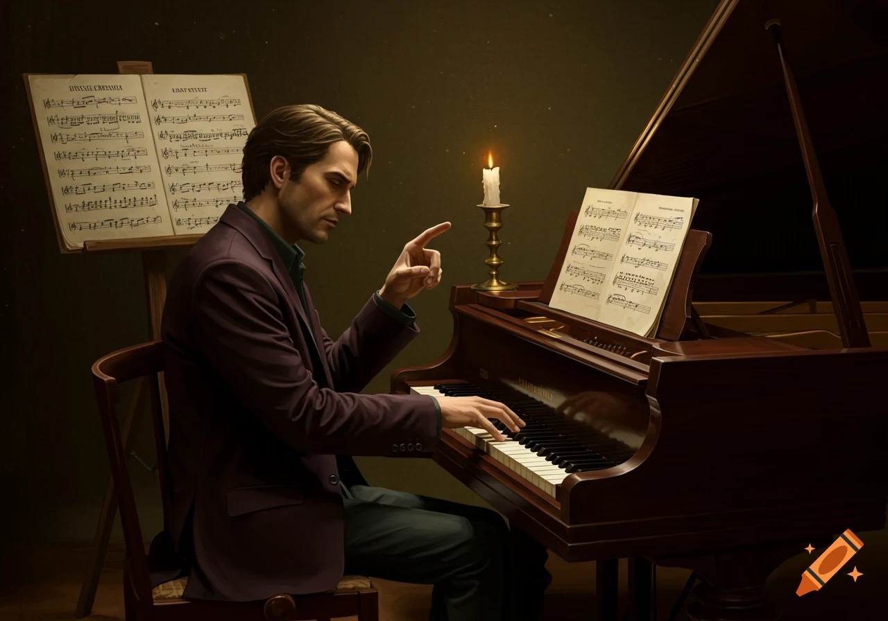 A man in a purple jacket plays a grand piano by candlelight, with sheet music on the stand and another stand beside him. The scene is dimly lit and dramatic.