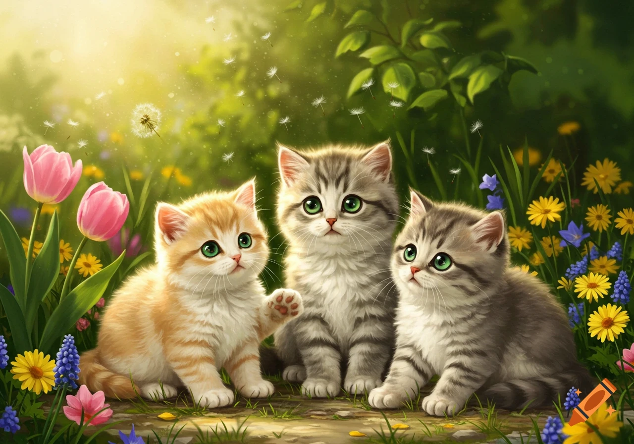 Three cute kittens with green eyes sit among colorful flowers and green foliage in a sunny field.
