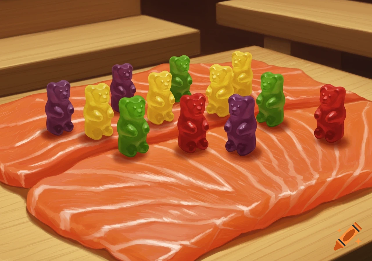 Colorful gummy bears standing on two fillets of raw salmon on a wooden surface.