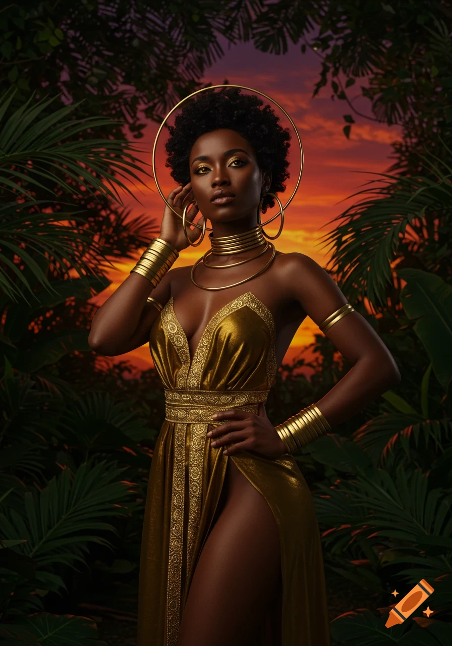 Photorealistic portrait of a Black woman in an elaborate gold dress and jewelry, set against tropical foliage and a sunset sky.