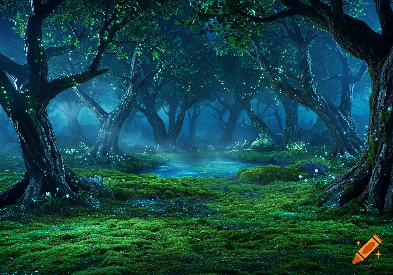 Lush, enchanted forest scene with a glowing pond, misty atmosphere, and trees adorned with bright green lights and moss.