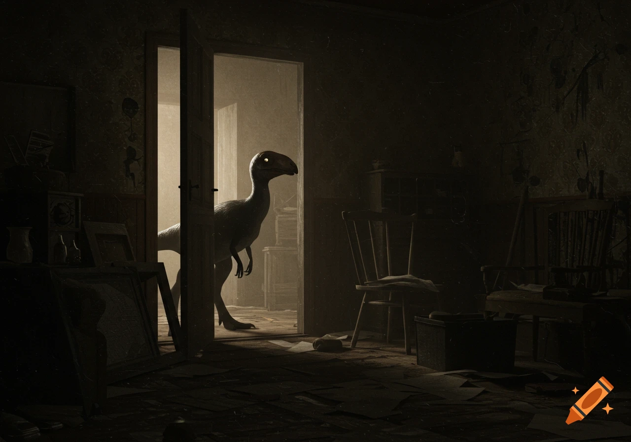 A glowing-eyed troodon dinosaur peers from a doorway into a dark, cluttered room, with a grainy, analog horror style.
