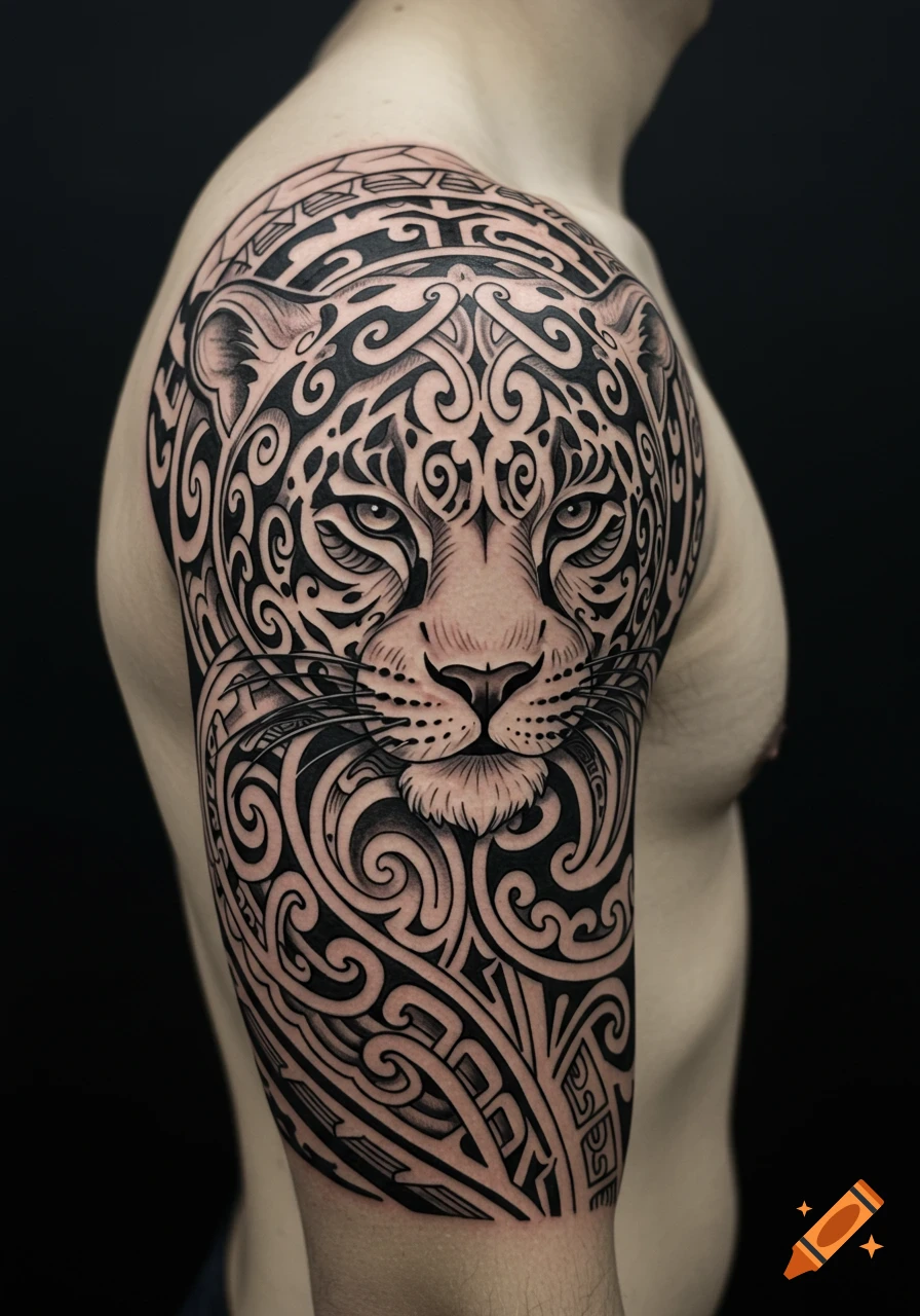 Intricate black and white Polynesian/Māori stylized jaguar head tattoo on a person's shoulder and upper arm.
