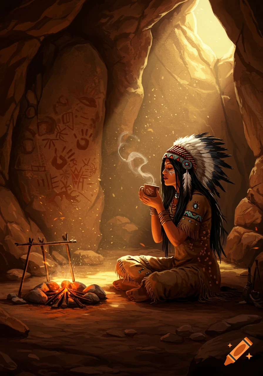 Fantasy art of a Native American woman in a cave, drinking by a campfire, with ancient wall markings.