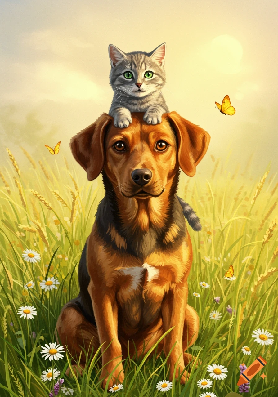 Illustrated brown dog sitting in a field of daisies with a tabby cat on its head, yellow butterflies fly nearby.