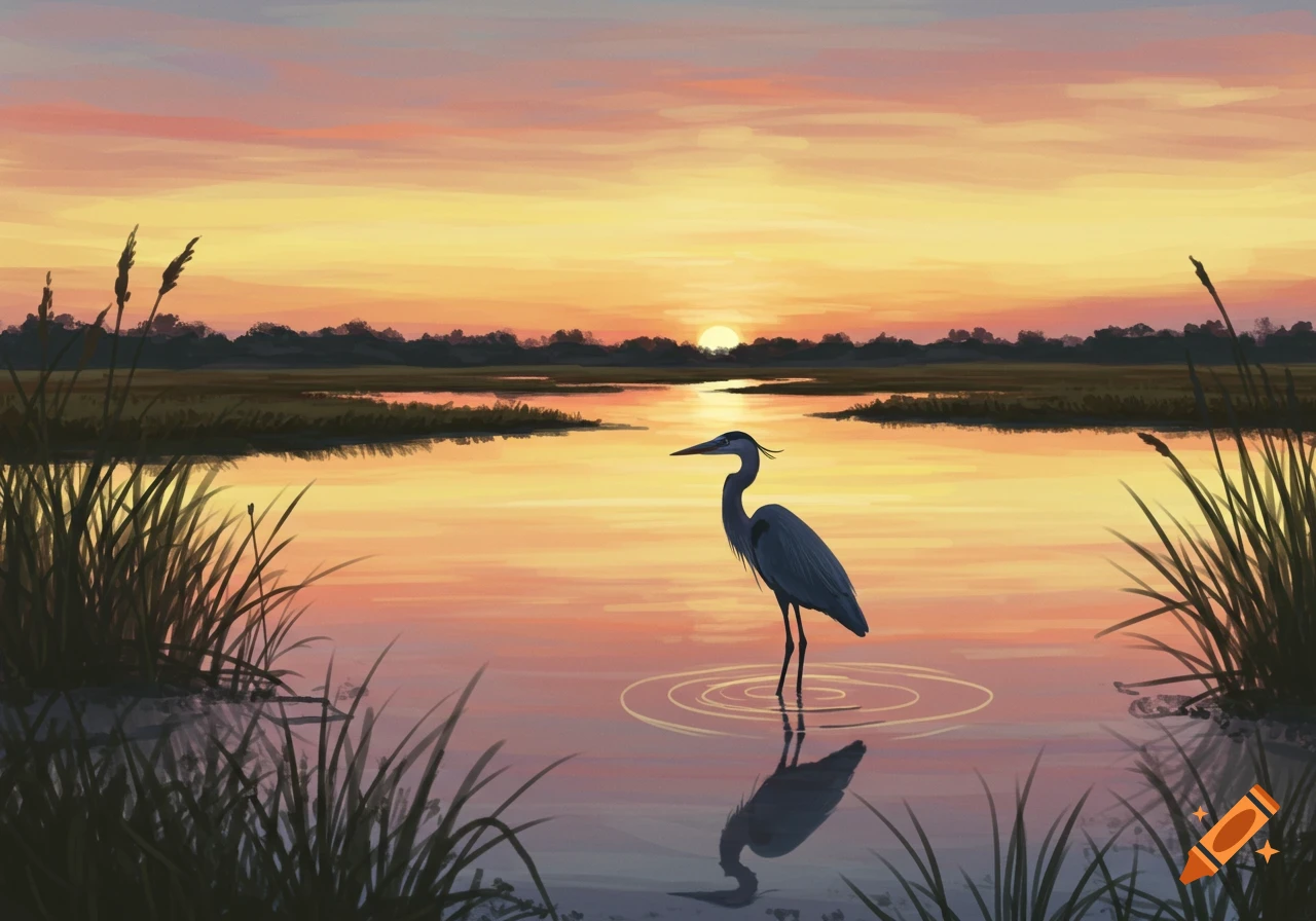 A blue heron stands in a calm estuary at sunset, with reeds in the foreground and a vibrant orange and yellow sky.