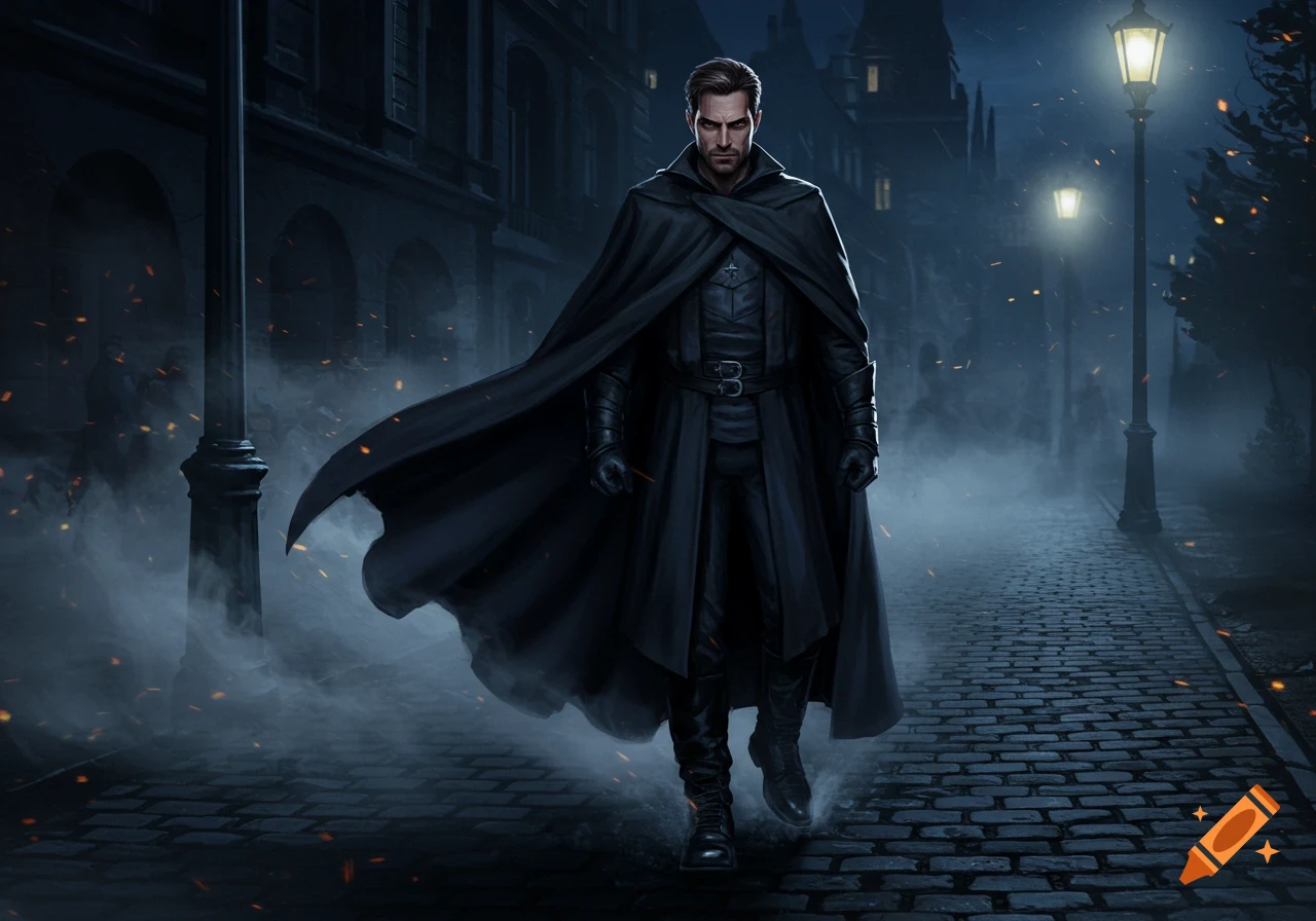 A fierce man in a long black cape and coat walks down a misty, cobbled street at night, lit by streetlights. Dark fantasy art style.