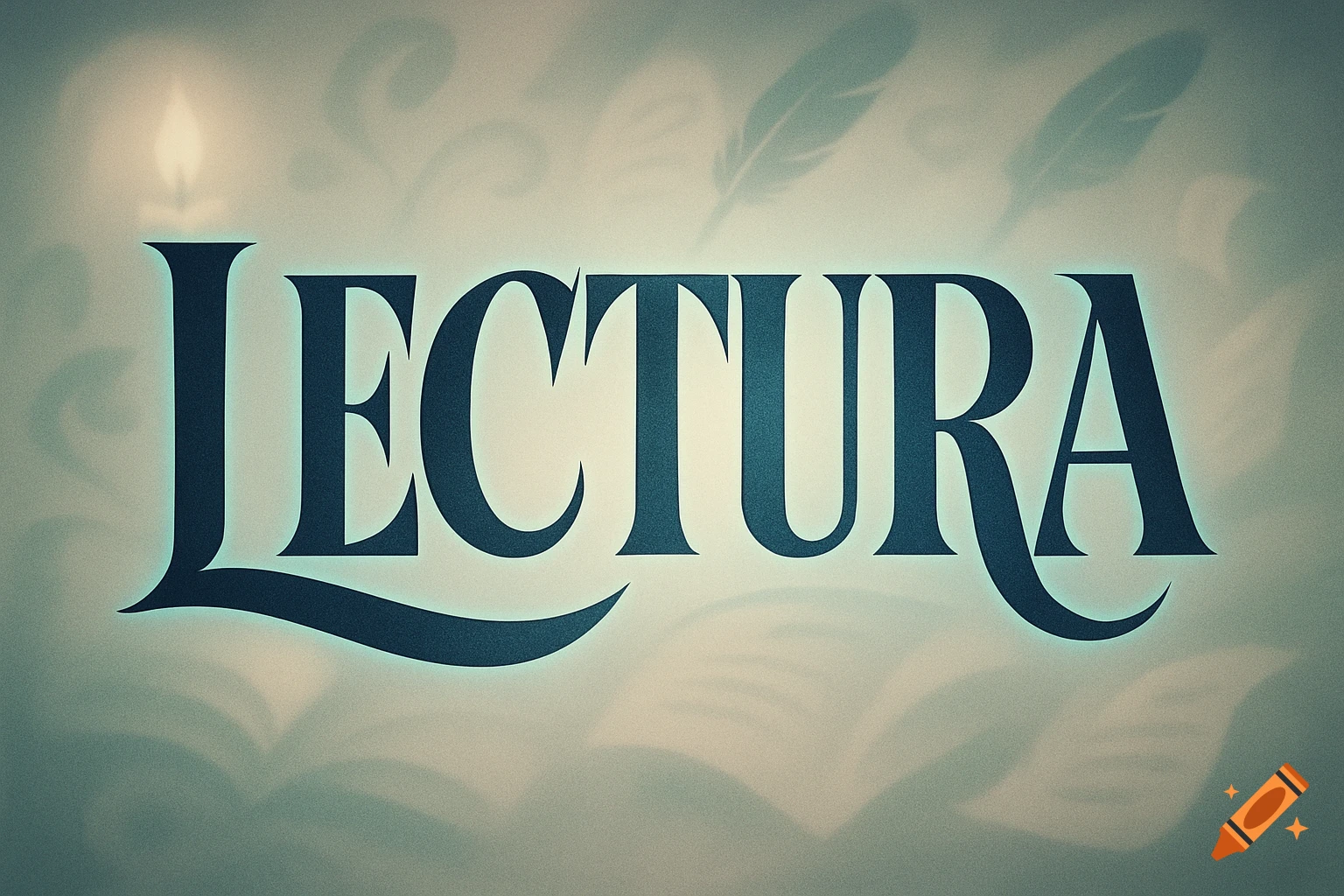 The word "LECTURA" in large, dark blue, stylized letters with a light blue glow, set against a subtle light background with faint silhouettes of books, feathers, and a candle flame.