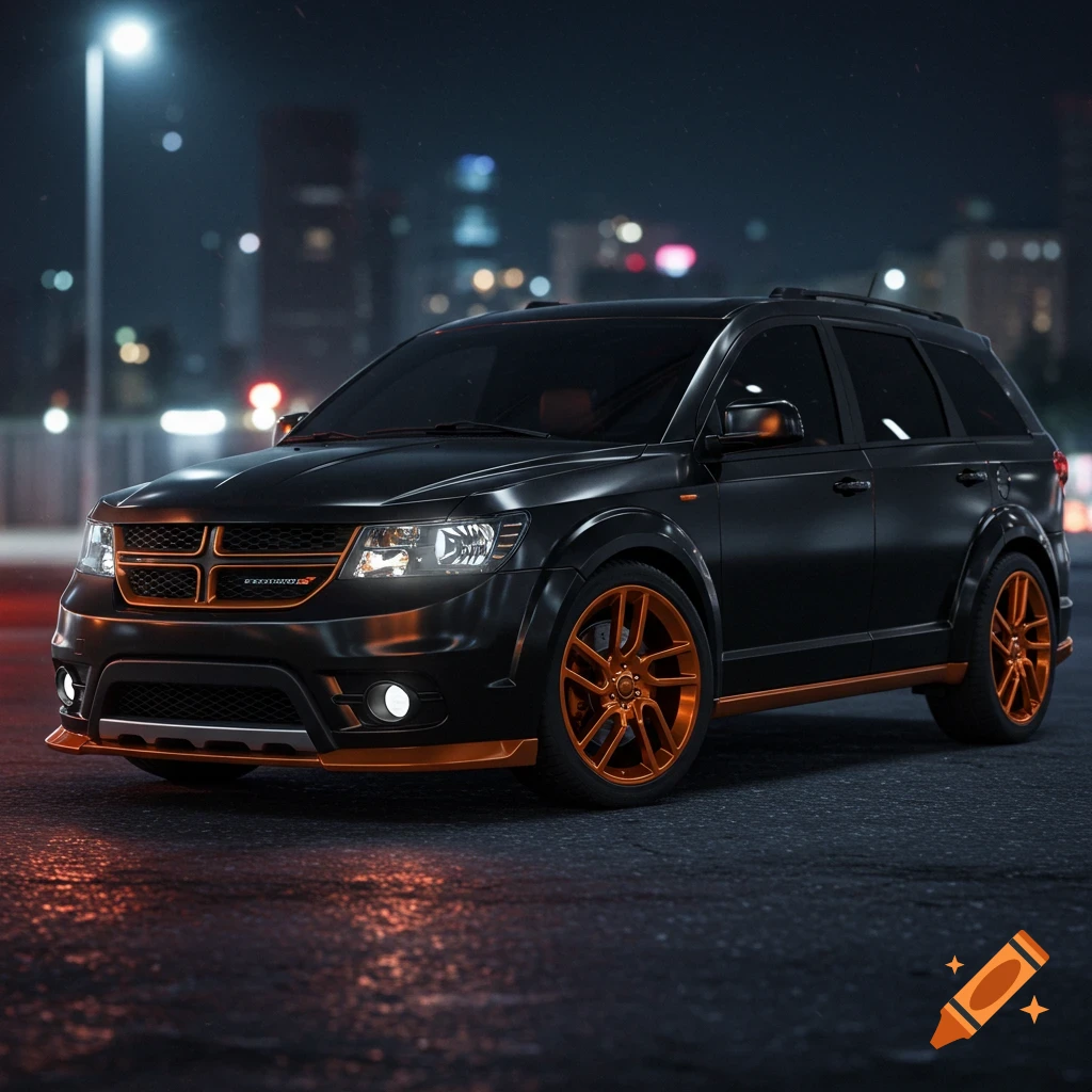 A black Dodge Journey SUV with orange accents and orange rims, parked on a wet street at night in a city. Photorealistic.