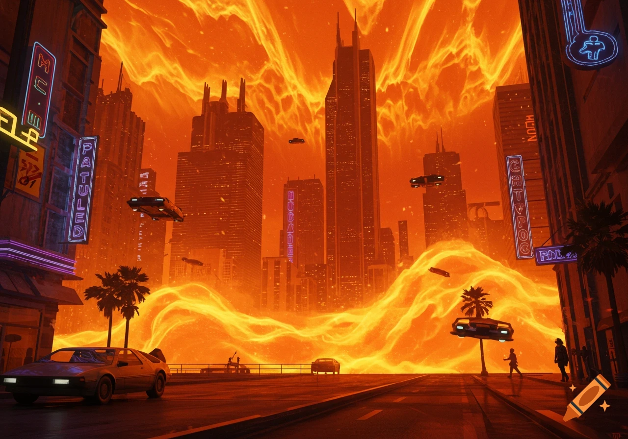 A retrofuturistic city street with flying cars, neon signs, and a DeLorean-style car, under an intense orange, wavy sky.
