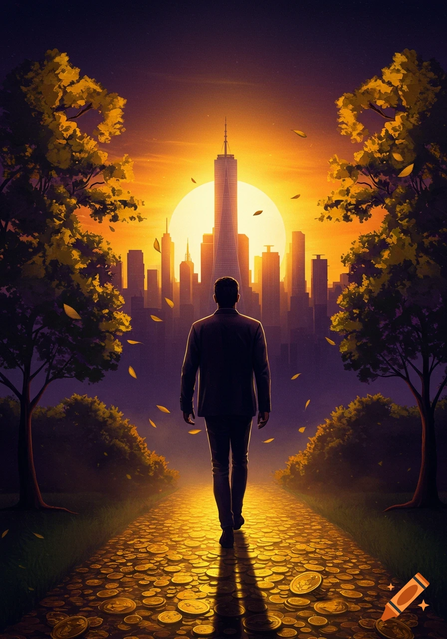 A stylized illustration of a man walking on a path of gold coins towards a glowing city skyline at sunset, flanked by trees.