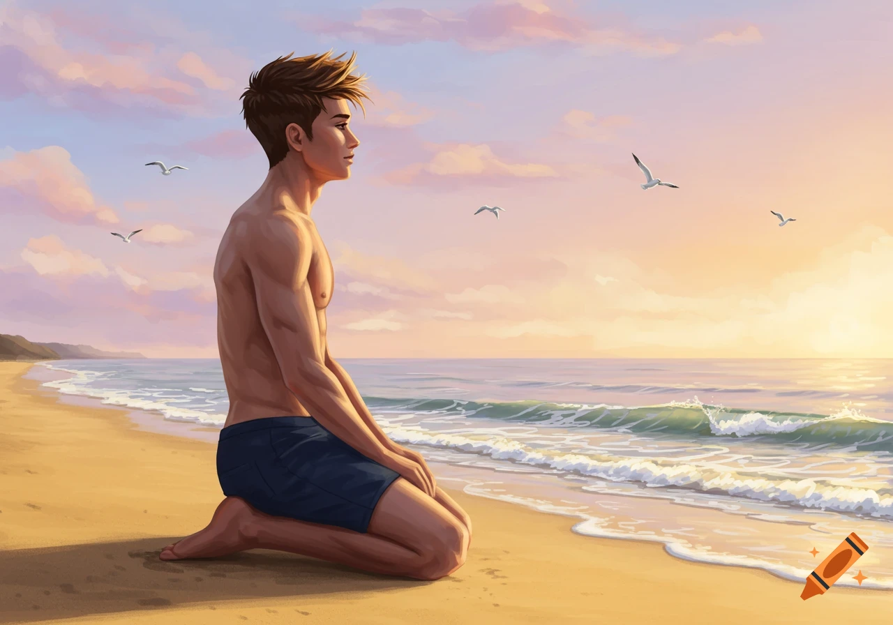 Digital art of a shirtless man kneeling on a sandy beach, gazing at a sunset over the ocean with seagulls.