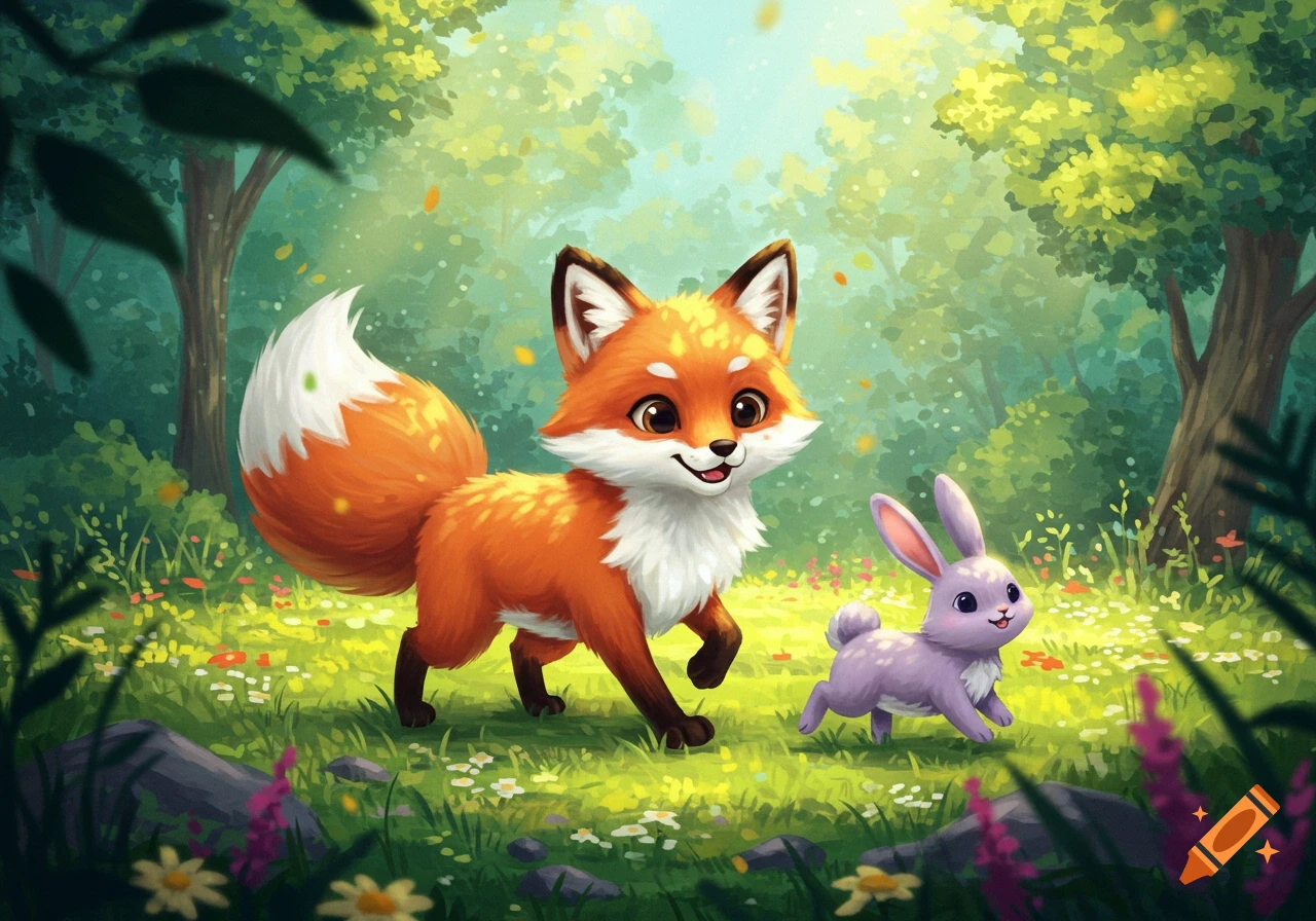 A cute cartoon fox and a purple bunny walk through a vibrant green forest with trees and wildflowers.