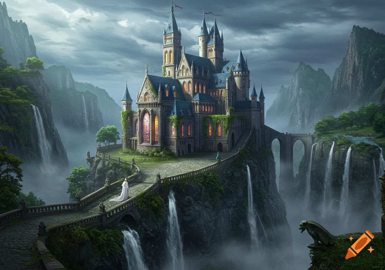 A majestic fantasy castle overlooks a misty valley with numerous waterfalls and towering mountains, as a figure in white walks on a winding path.