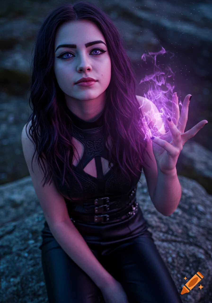 Photorealistic portrait of a young woman with dark purple hair and eyes, wearing a black leather romper, holding purple magic energy, sitting on a rock.
