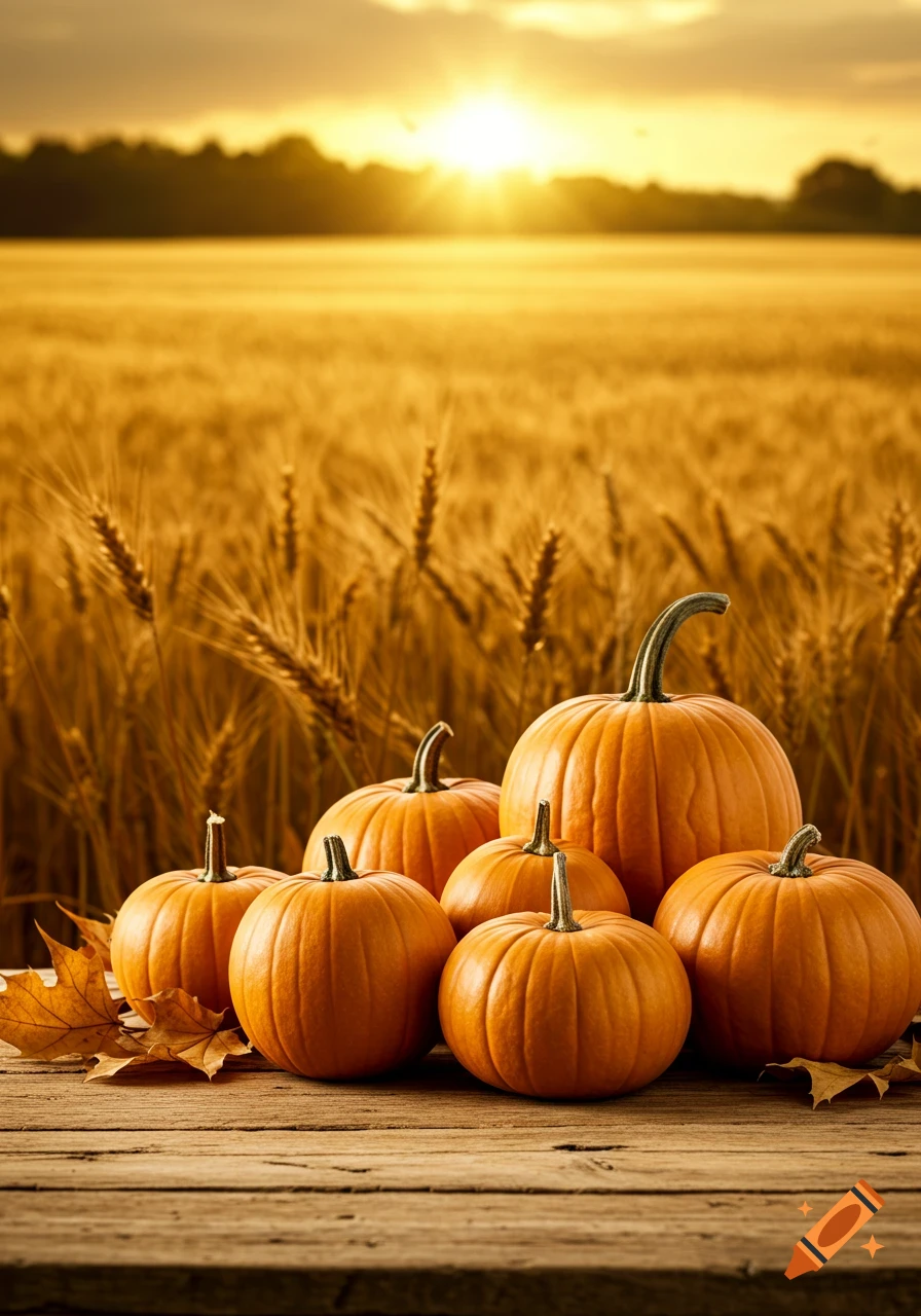Pumpkins on a wooden table in a sunlit wheat field at sunset, photorealistic.