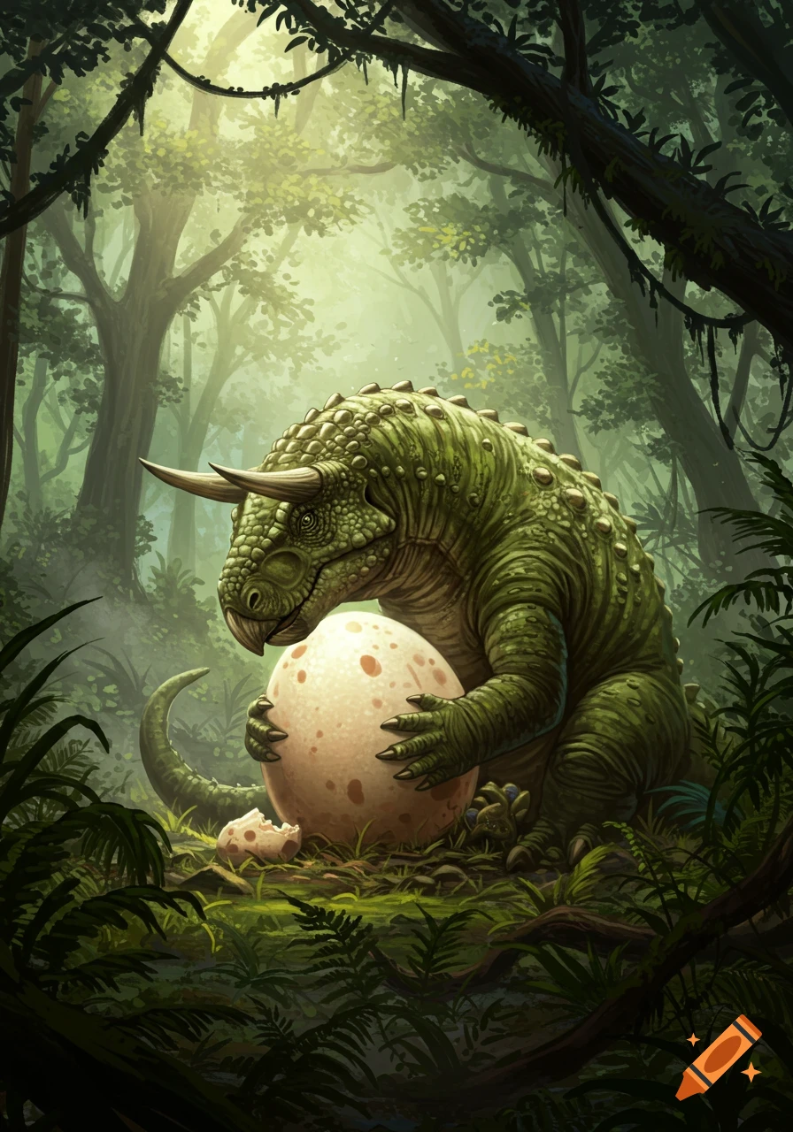 A detailed illustration of a green, horned dinosaur guarding a large speckled egg in a lush jungle forest.