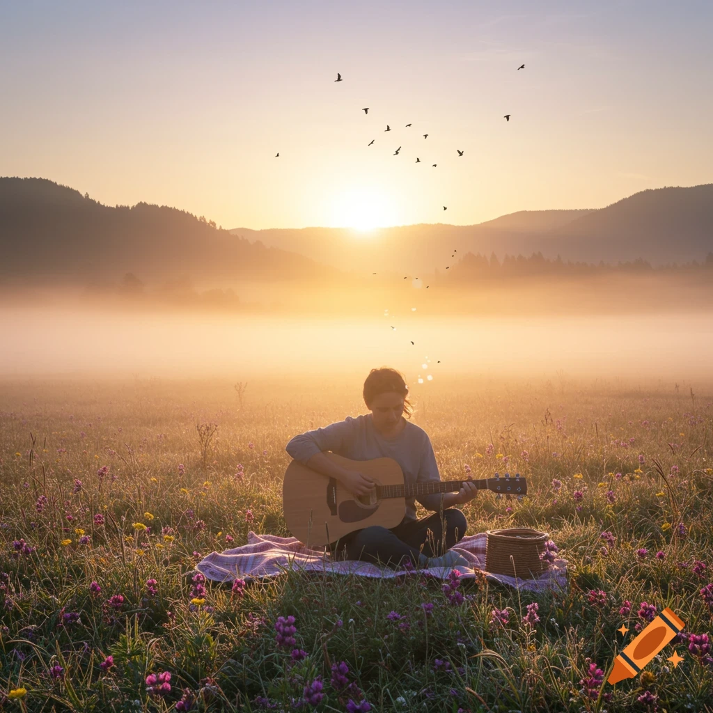 A person plays an acoustic guitar on a blanket in a misty, wildflower meadow at sunrise, with birds flying overhead.