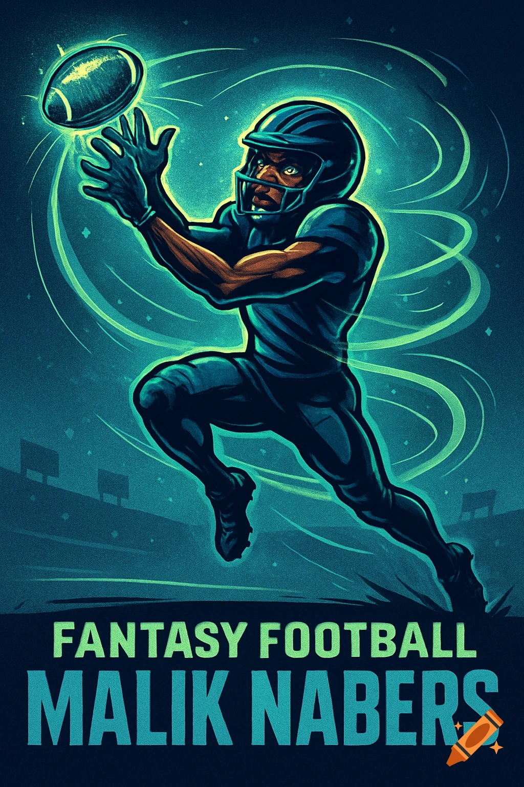 Stylized illustration of a football player in a dark uniform catching a glowing football, with text 'FANTASY FOOTBALL MALIK NABERS' below, on a dark blue background.