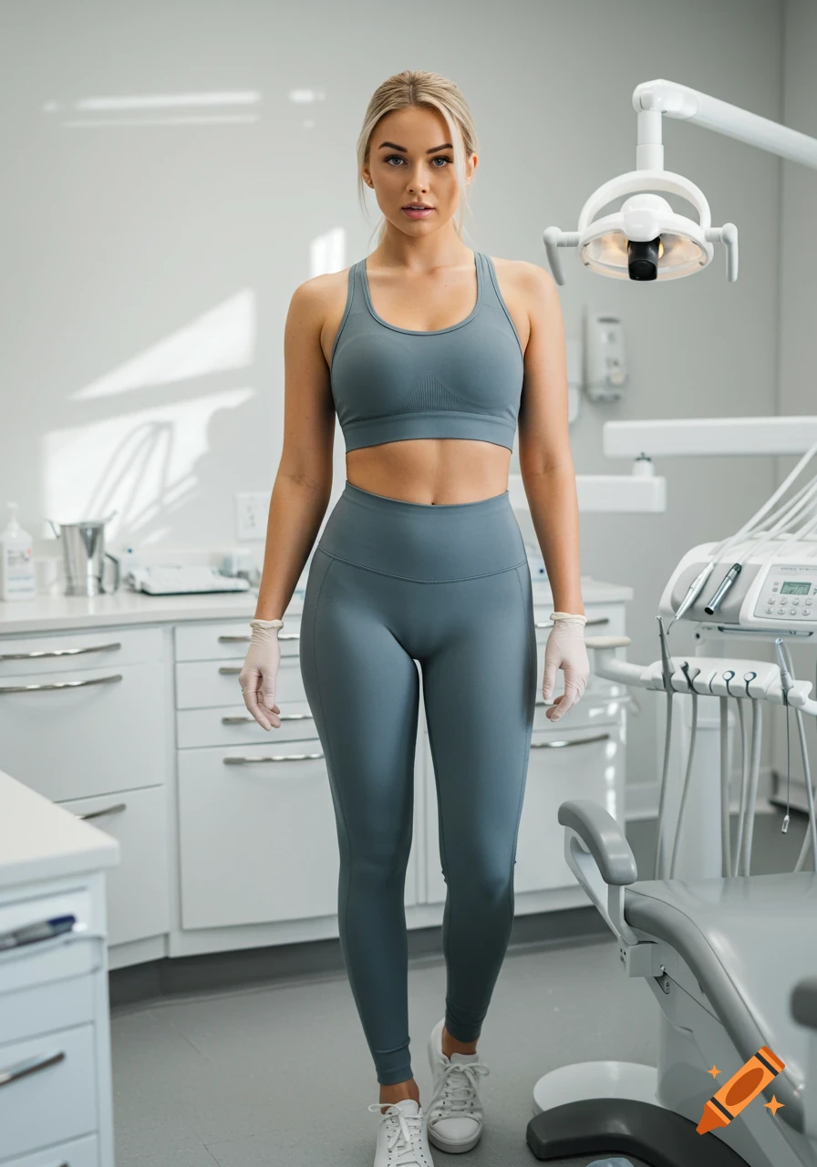 A blonde woman in a grey sports bra and matching leggings stands in a bright dental clinic, wearing white latex gloves.
