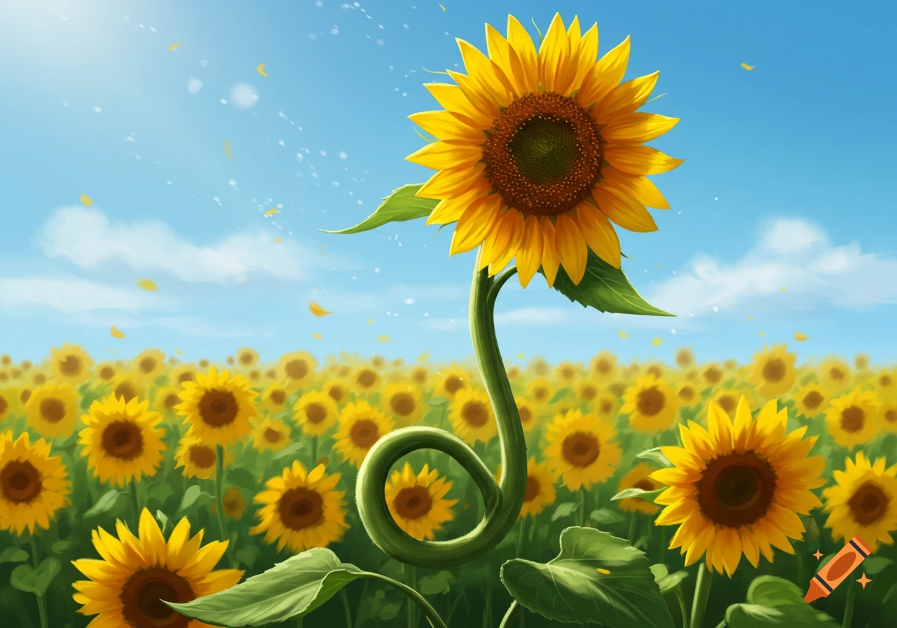 A vibrant field of yellow sunflowers under a blue sky, with one prominent sunflower having a stem shaped like the letter 'J'.