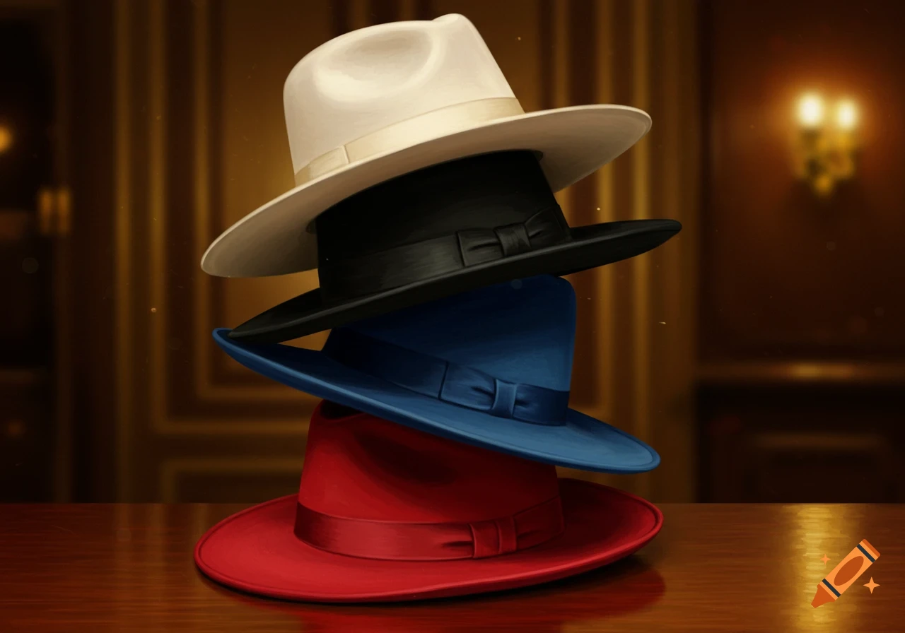Four fedoras stacked on a wooden table: white, black, blue, and red, with a warm, blurred background.
