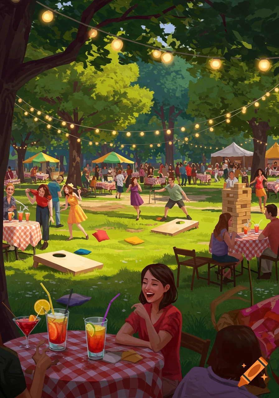 An illustration of a vibrant outdoor park event with people playing games, enjoying drinks and food stalls under string lights.