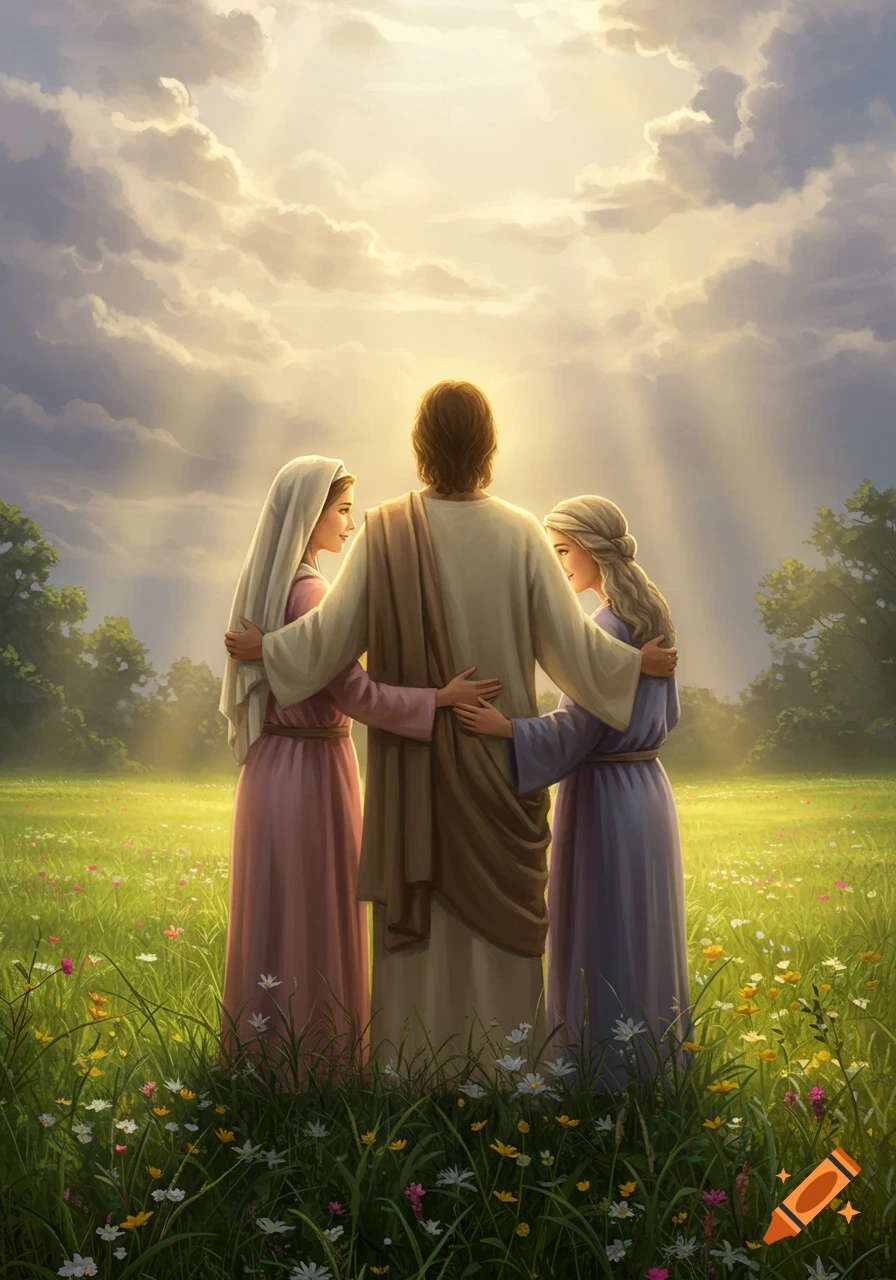 Digital painting of Jesus with his arms around Mary and Martha in a sunny field of wildflowers, with light rays shining from the cloudy sky.