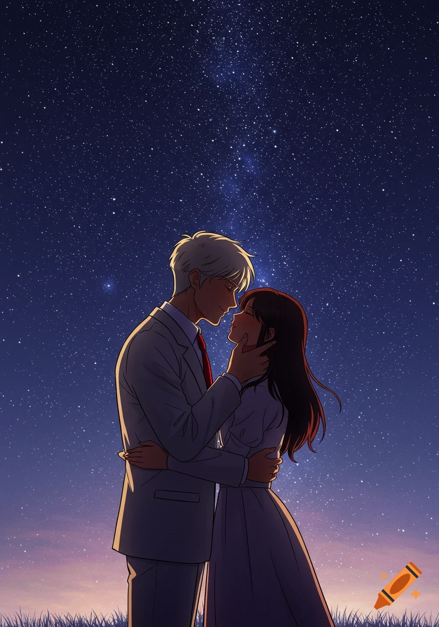 A man with light hair and a woman with dark hair embrace under a starry night sky in an anime art style.