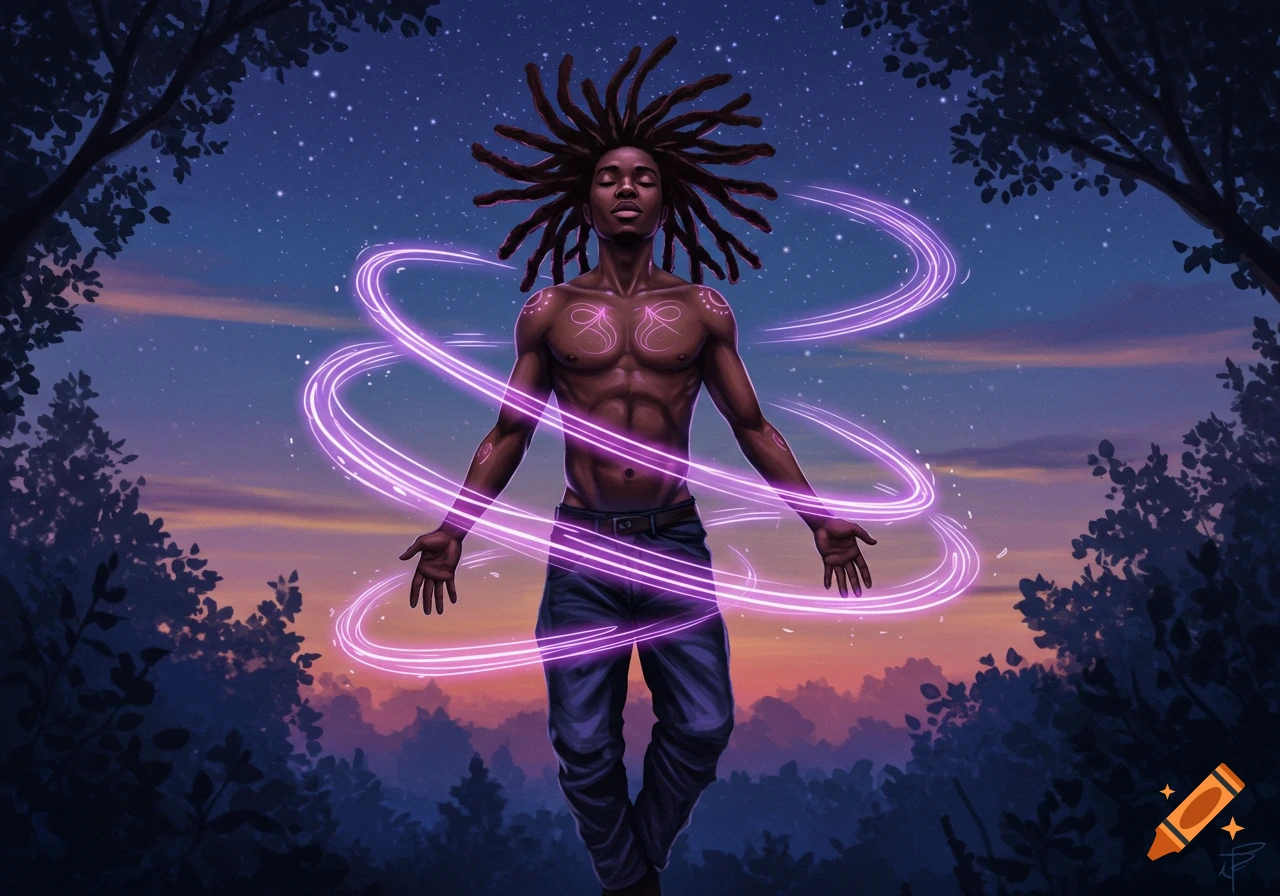 A man with dreadlocks levitates in a starry night sky, surrounded by a glowing purple aura, in a fantasy art style.