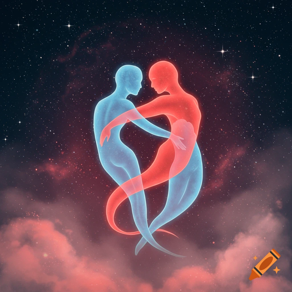 Two glowing ethereal figures, one blue and one red, embrace against a starry cosmic background with red nebulae. Abstract art style.