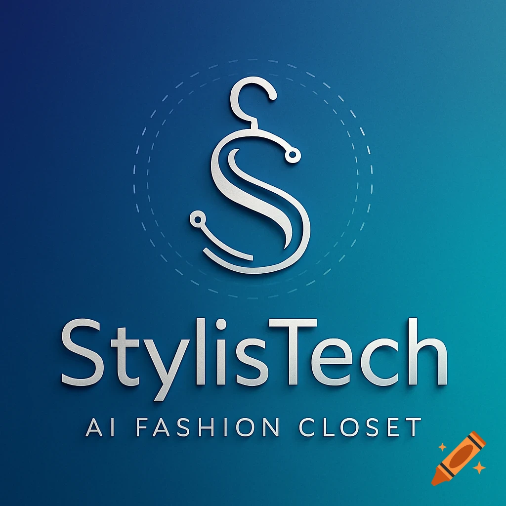 StylisTech AI Fashion Closet logo: silver stylized hanger with circuit lines forming an 'S' on a blue-teal background.