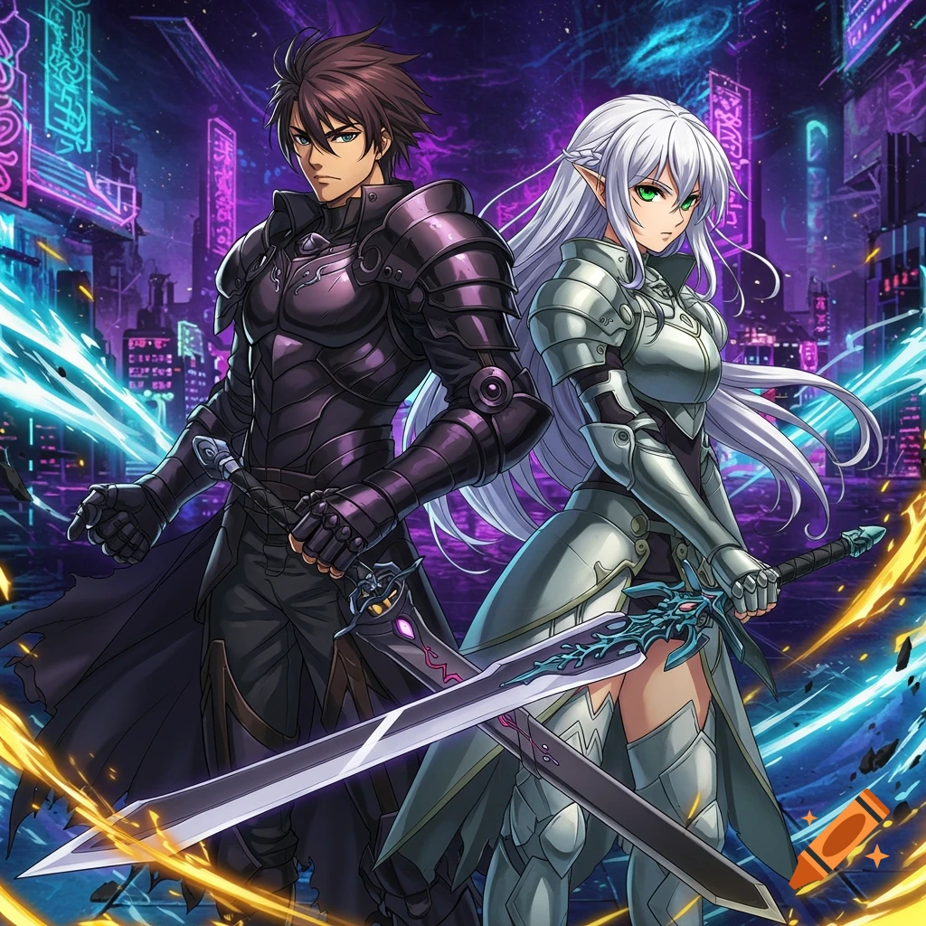 An anime-style image of a man and an elf woman in armor holding swords, standing back-to-back in a neon-lit futuristic city.