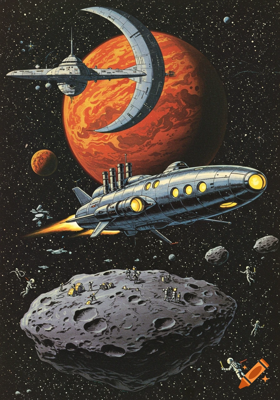 A vintage sci-fi illustration shows spaceships, astronauts on an asteroid, and a large red planet in deep space.