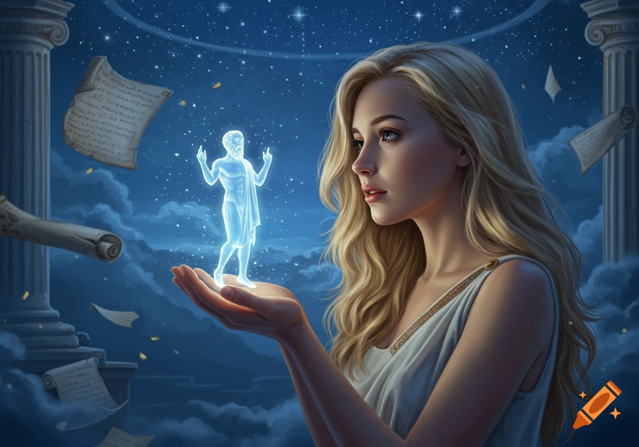 Blond woman holding a glowing miniature figure of a bearded man, surrounded by floating ancient scrolls and columns under a starry night sky.