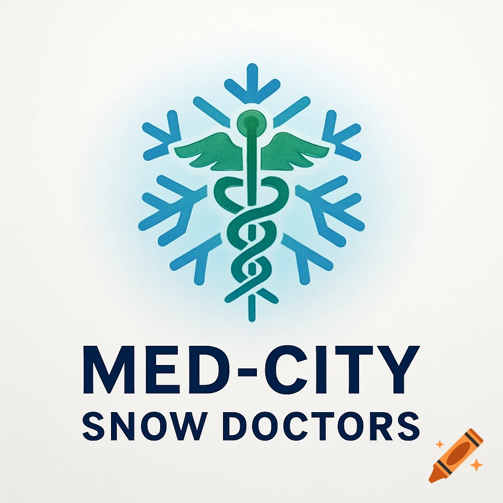 A clean logo with a green caduceus intertwined with a blue snowflake, above the text 'MED-CITY SNOW DOCTORS'.