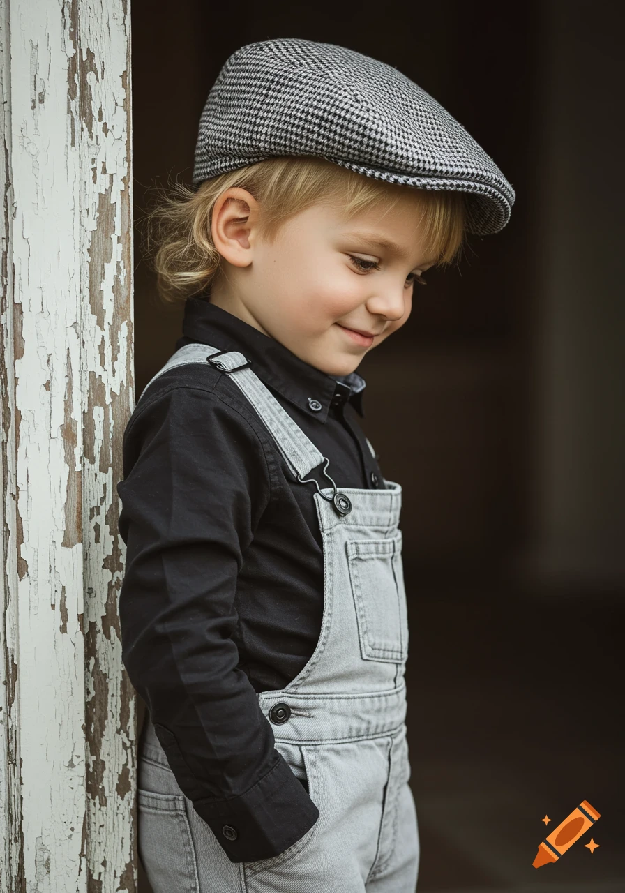 A young blond boy in a gray houndstooth cap, black shirt, and gray overalls leans against a white peeling doorframe, smiling subtly.