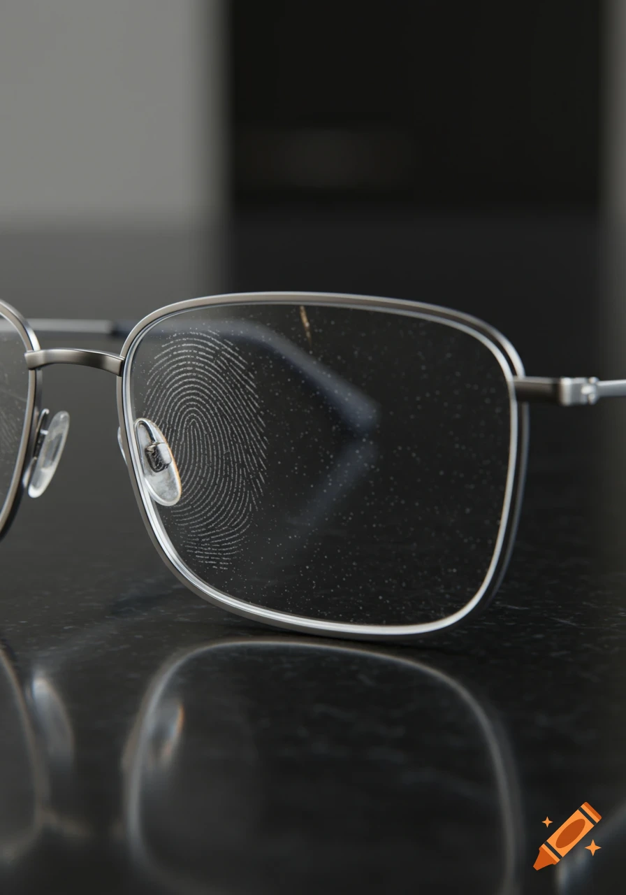 Close-up of silver-framed eyeglasses with a prominent fingerprint and dust specks on the lens, photorealistic.