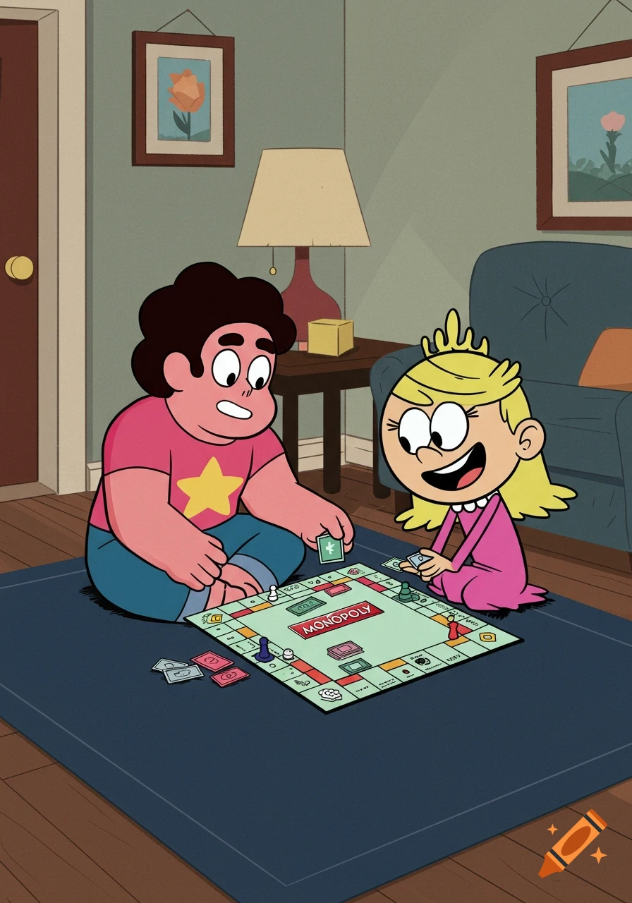 Cartoon characters Steven Universe and Lola Loud play Monopoly on a blue rug in a cozy room.