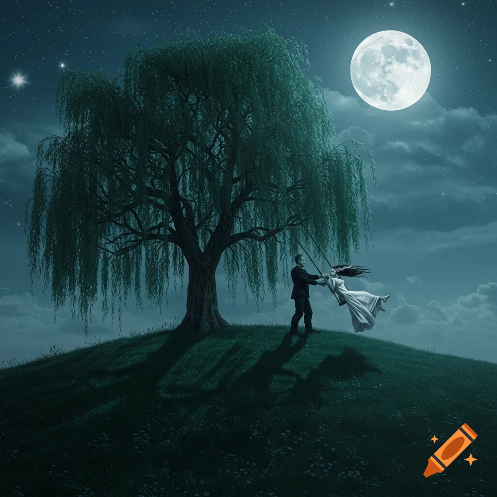Frankenstein's monster pushes his bride on a swing under a large willow tree on a moonlit hill at night.