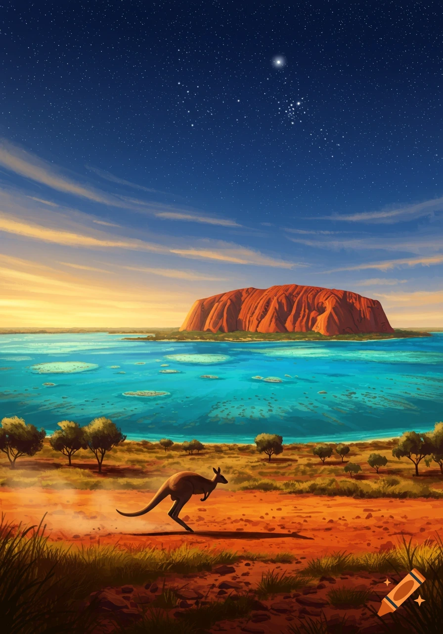 Stylized illustration of a kangaroo on red earth, with Uluru, turquoise water, and a star-filled sky.
