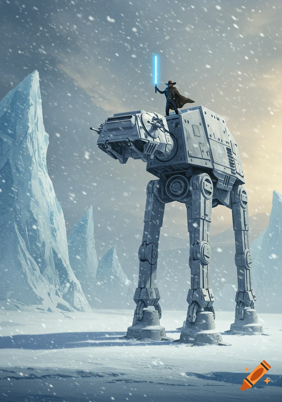 A cowboy with a blue lightsaber stands atop an AT-AT in a snowy, icy landscape with falling snow.
