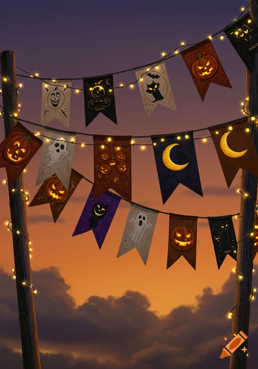Halloween bunting with pumpkins, ghosts, black cats, and moons strung between poles against a vibrant sunset sky.