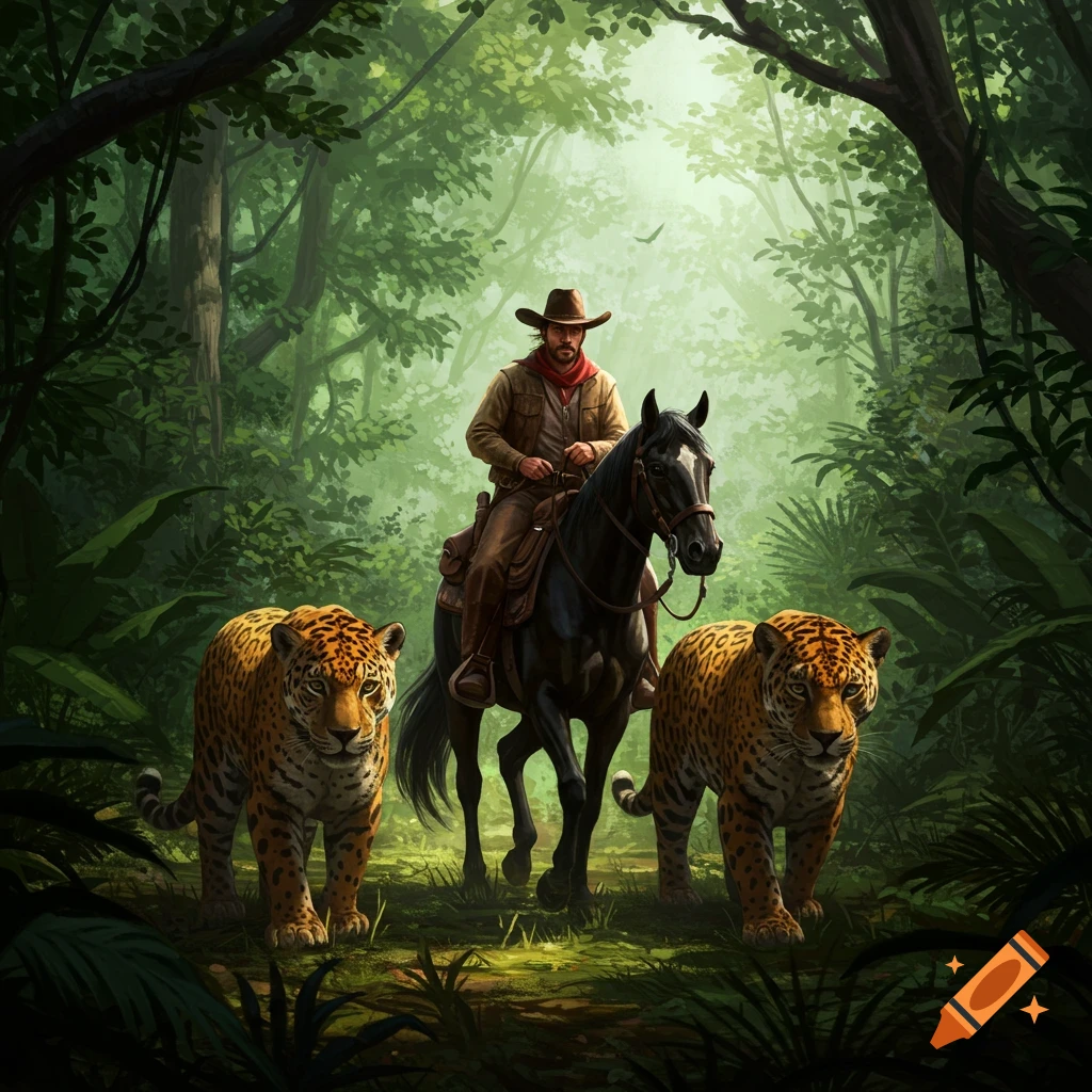 A cowboy on horseback, flanked by two jaguars, rides through a lush, sunlit jungle in a painted style.
