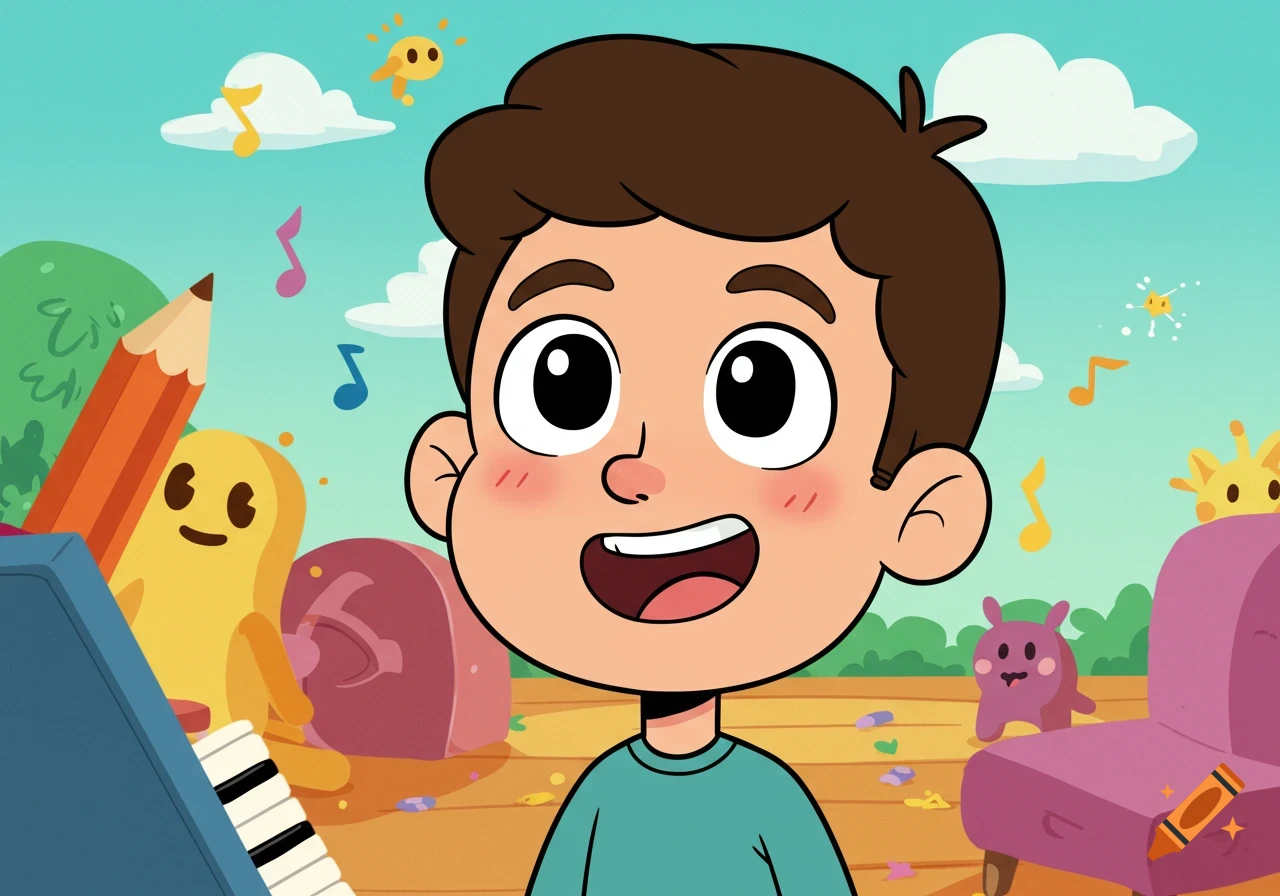 Smiling cartoon boy with blush, surrounded by musical notes, piano keys, a giant pencil, and colorful whimsical objects.
